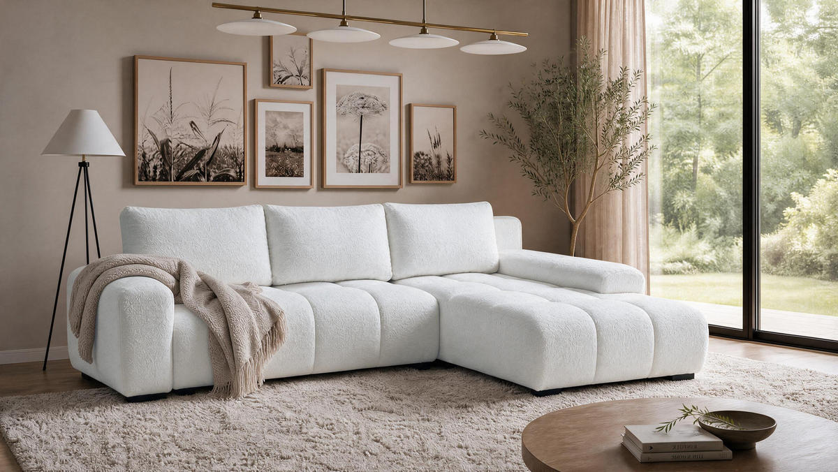 ECKSOFA Ovia mit Bettkasten und Schlaffunktion, Bouclé-Stoff in L-Form - Weiß, Textil (270/185cm)