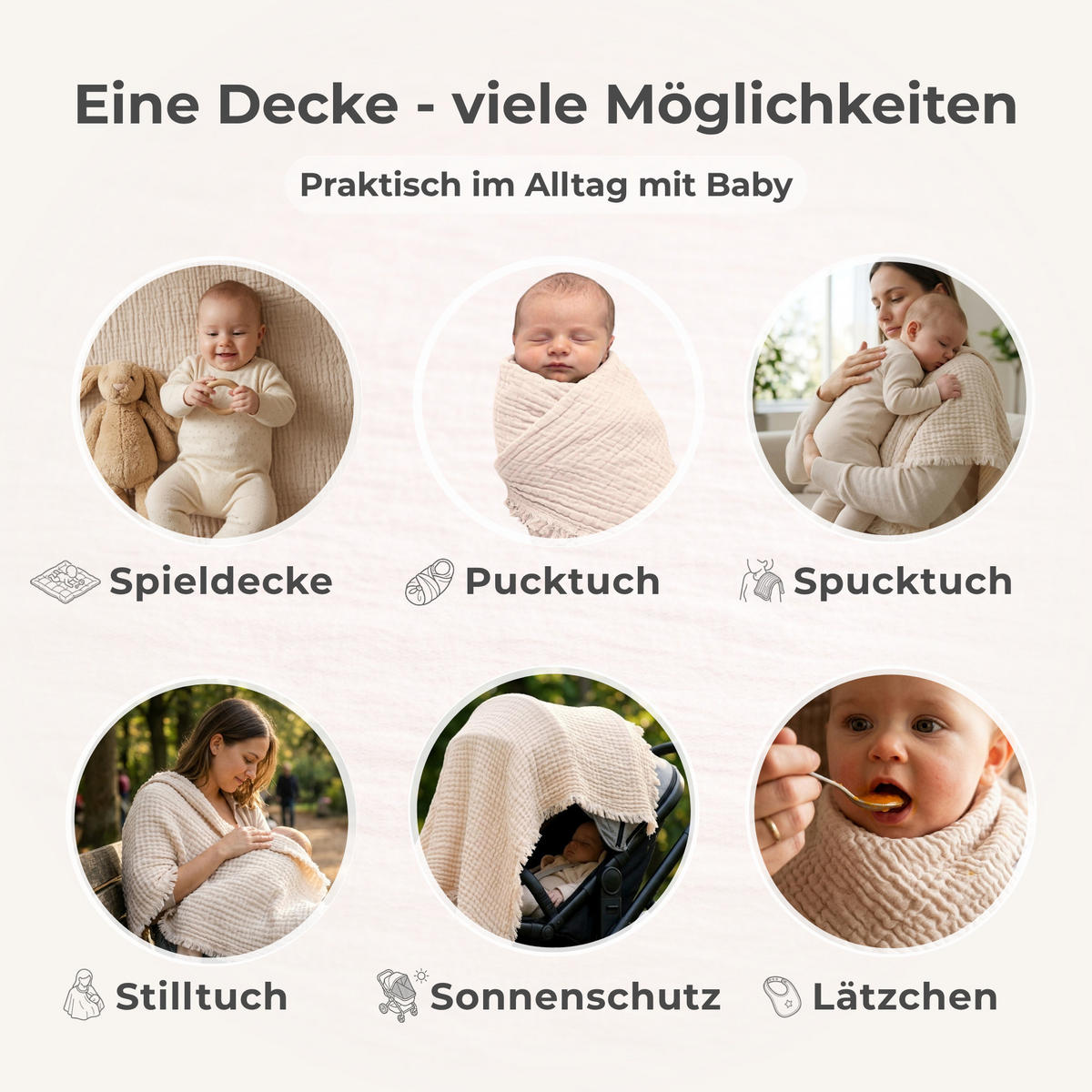 MUSSELINDECKE Babydecke Stilltuch Einschlagdecke Säuglingsdecke Babygeschenk ab Geburt - Naturfarben, Textil (80/80cm) - nordic coast company