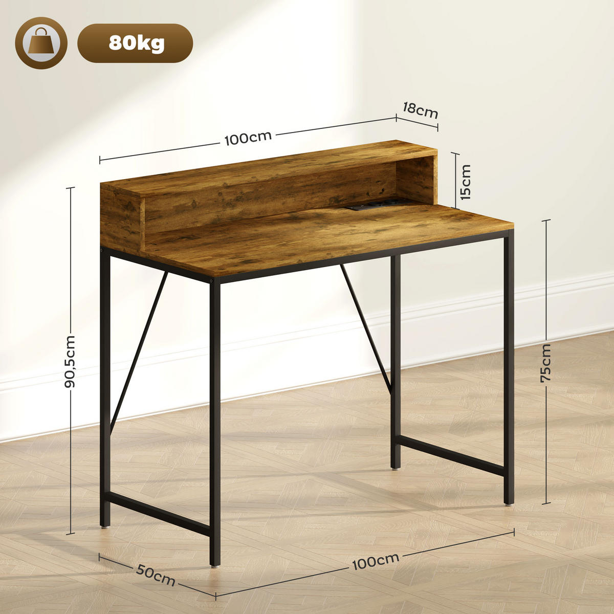COMPUTERTISCH, Schreibtisch mit Anschlüssen, 100 x 50 x 90,5 cm, Rustikales Braun - Braun, Holzwerkstoff (50/100/90.5cm) - HOMCOM
