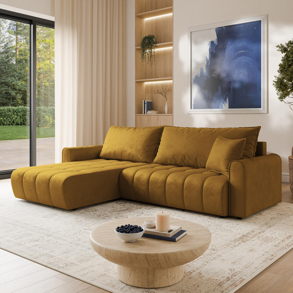 ECKSOFA FRIGA Gelb Velours-Stoff mit Schlaffunktion - Gelb, Holz (283/185cm) - MASSENO