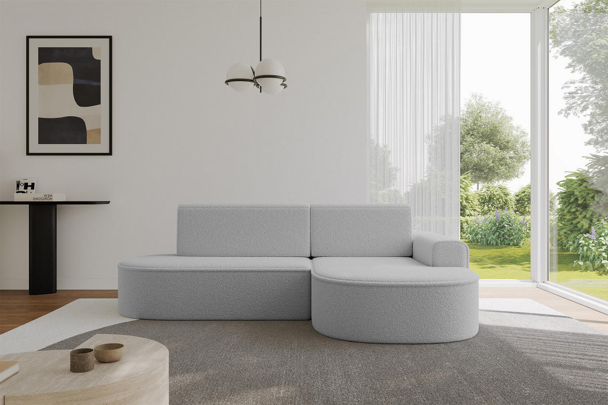 ECKSOFA mit Schlaffunktion und Bettkasten Ottomane Rechts MARI-L1-S - 283x167x73 cm Hellgrau Bouclé - Hellgrau/Schwarz, Holzwerkstoff/Kunststoff (167/283cm) - ALTDECOR