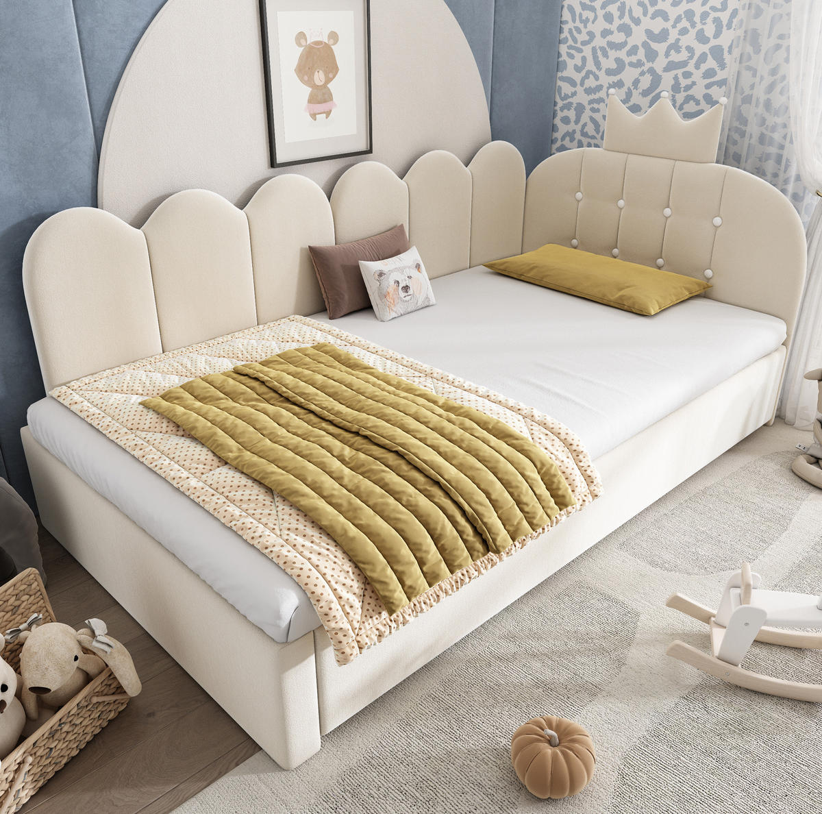 BETT mit Ausziehbett 90x200 cm Samt Beige - Beige, Holzwerkstoff (90/200cm) - Beauniv