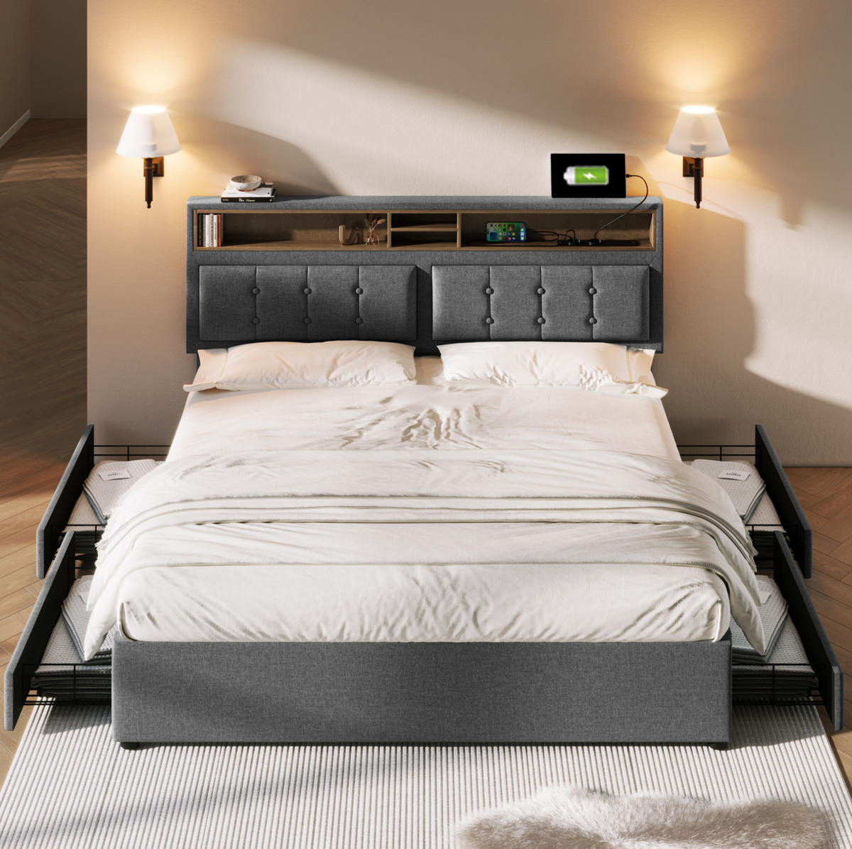 POLSTERBETT 140/200 cm Grau aus Leinen mit 4 Schubladen - Grau, Textil (140/200cm) - OKMYHOME