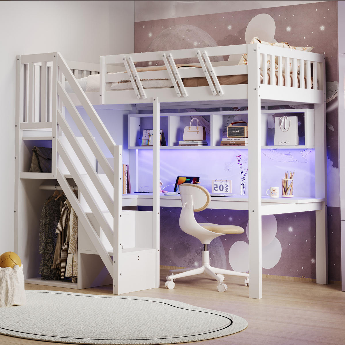 HOCHBETT 90/200 cm DE-01497, in Weiß, mit Aufbewahrungstreppe, Schreibtisch und LED-Licht - Weiß, Holz (90/200cm) - ComfortXL