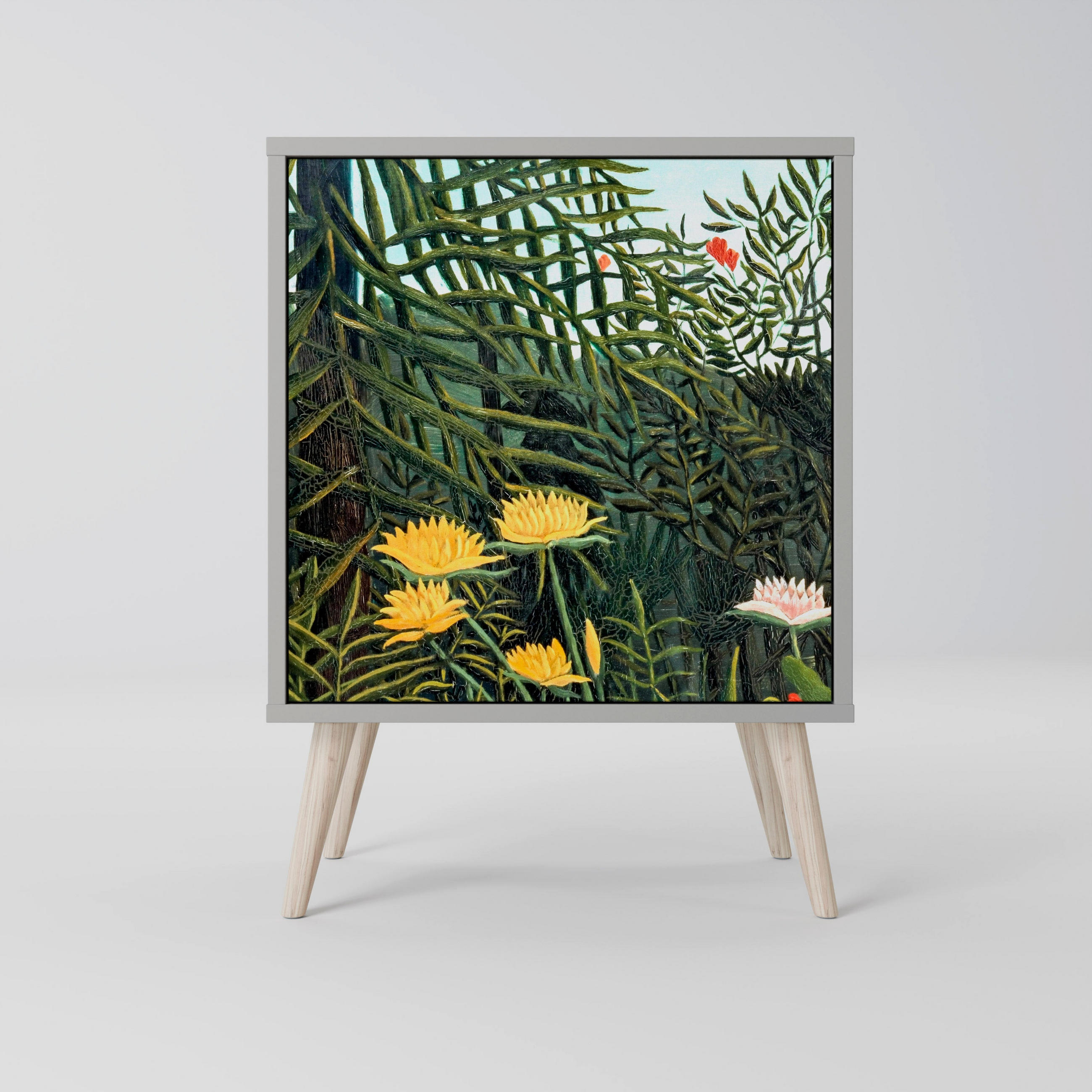 SIDEBOARD VIRGIN FOREST WITH SUNSET, Grau, 57,5x42x77,5 cm, Schräge Buchenholzfüße - Buchefarben/Multicolor, Holzwerkstoff/Buchenholz (57.5/77.5/42cm) - SpaceRebels