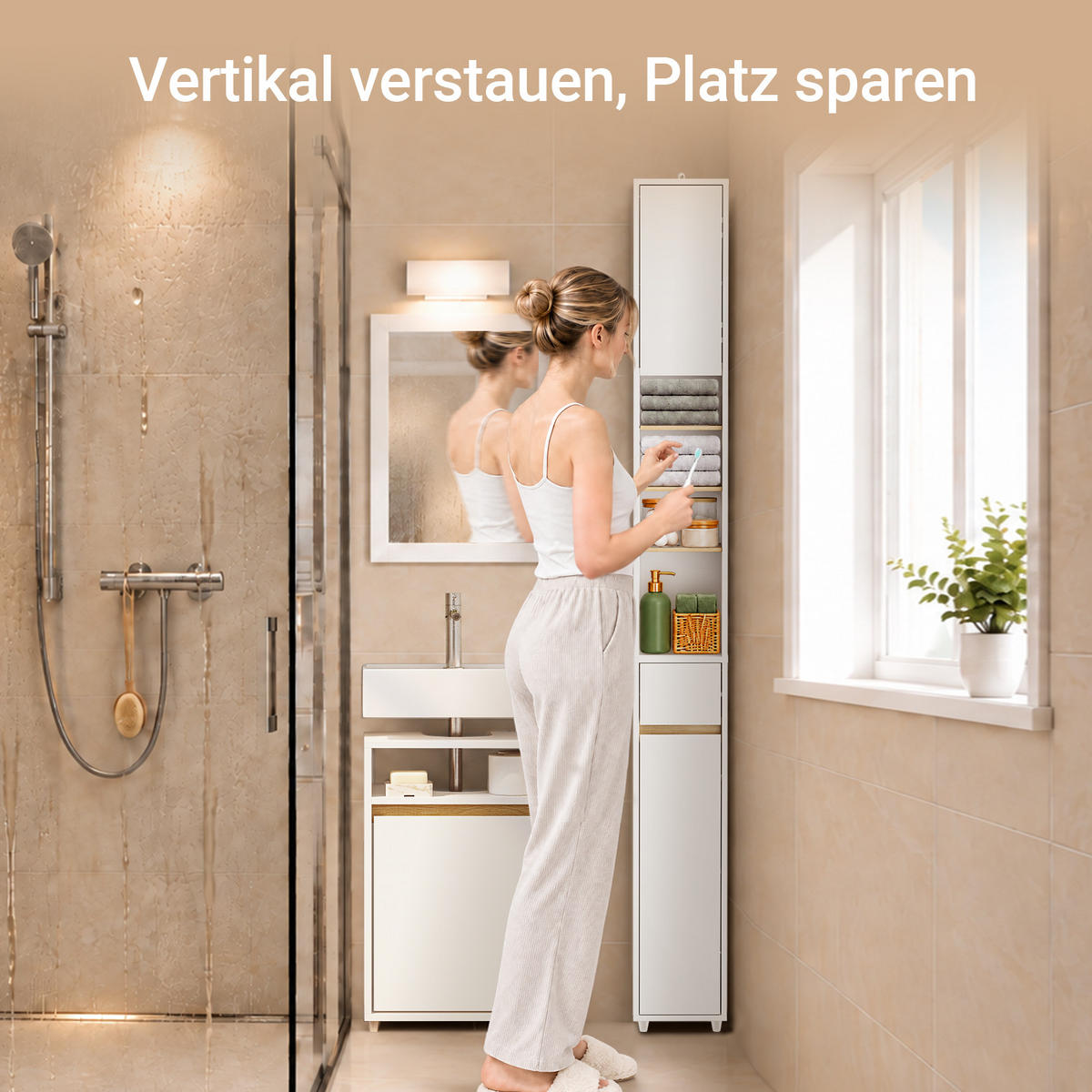 HOCHSCHRANK schmal Badschrank Weiß-Natur 20x20x180 cm - Weiß/Naturfarben, Holzwerkstoff (20/180/20cm) - SoBuy