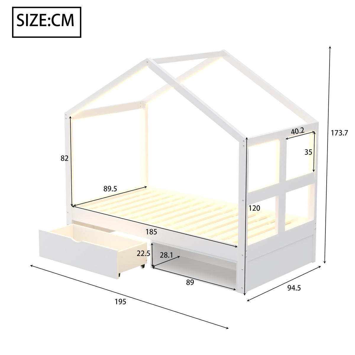 HAUSBETT 90/190 cm DE-01554, in Weiß, mit Schubladen, Schuhschrank und LED-Beleuchtung - Weiß, Holzwerkstoff (90/190cm) - ComfortXL