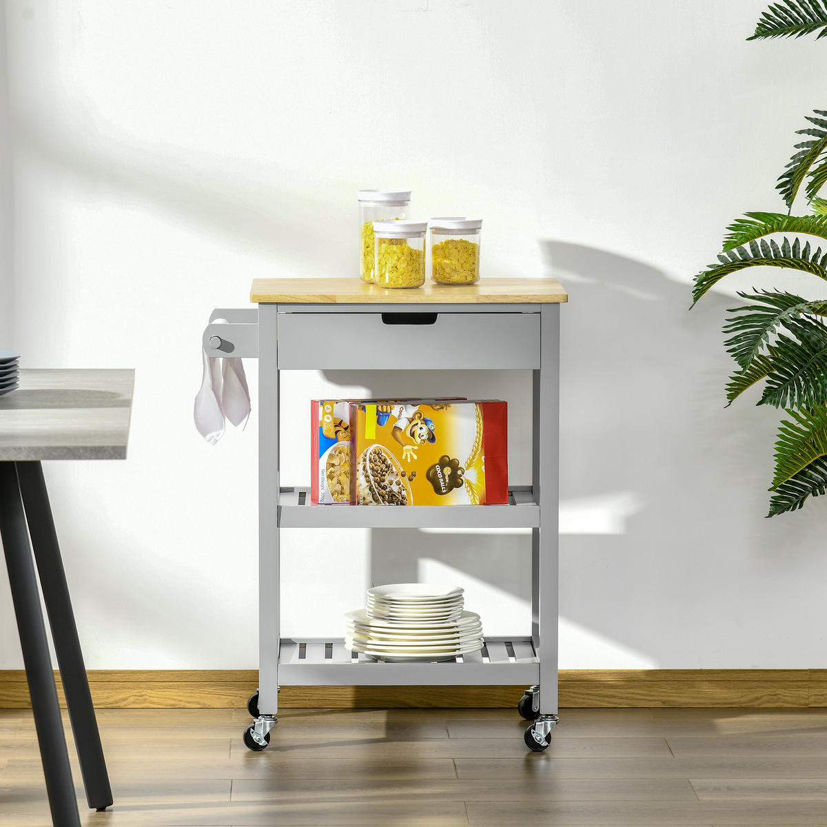 KÜCHENWAGEN, Rollwagen mit Gummibaumholz-Arbeitsplatte, 2 Ablagen und 1 Schublade - Multicolor, Metall (66.5/84.5/40cm) - FORIOUS