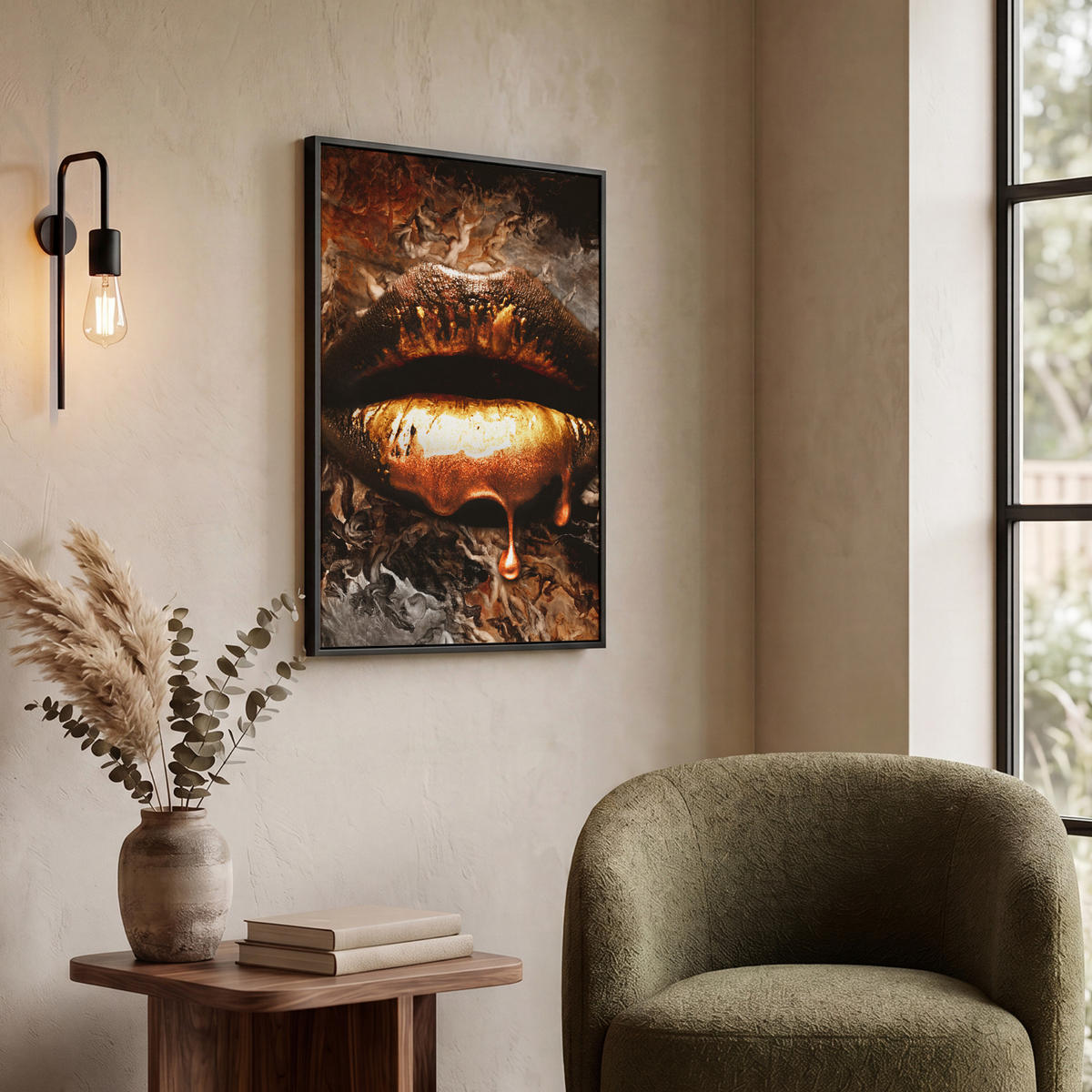 LEINWAND Bilder mit Rahmen - Gold - Lippen - Kunst - Gold - Luxus - Abstrakt - 50x70 - Kupferfarben, Textil (50/70cm) - MuchoWow