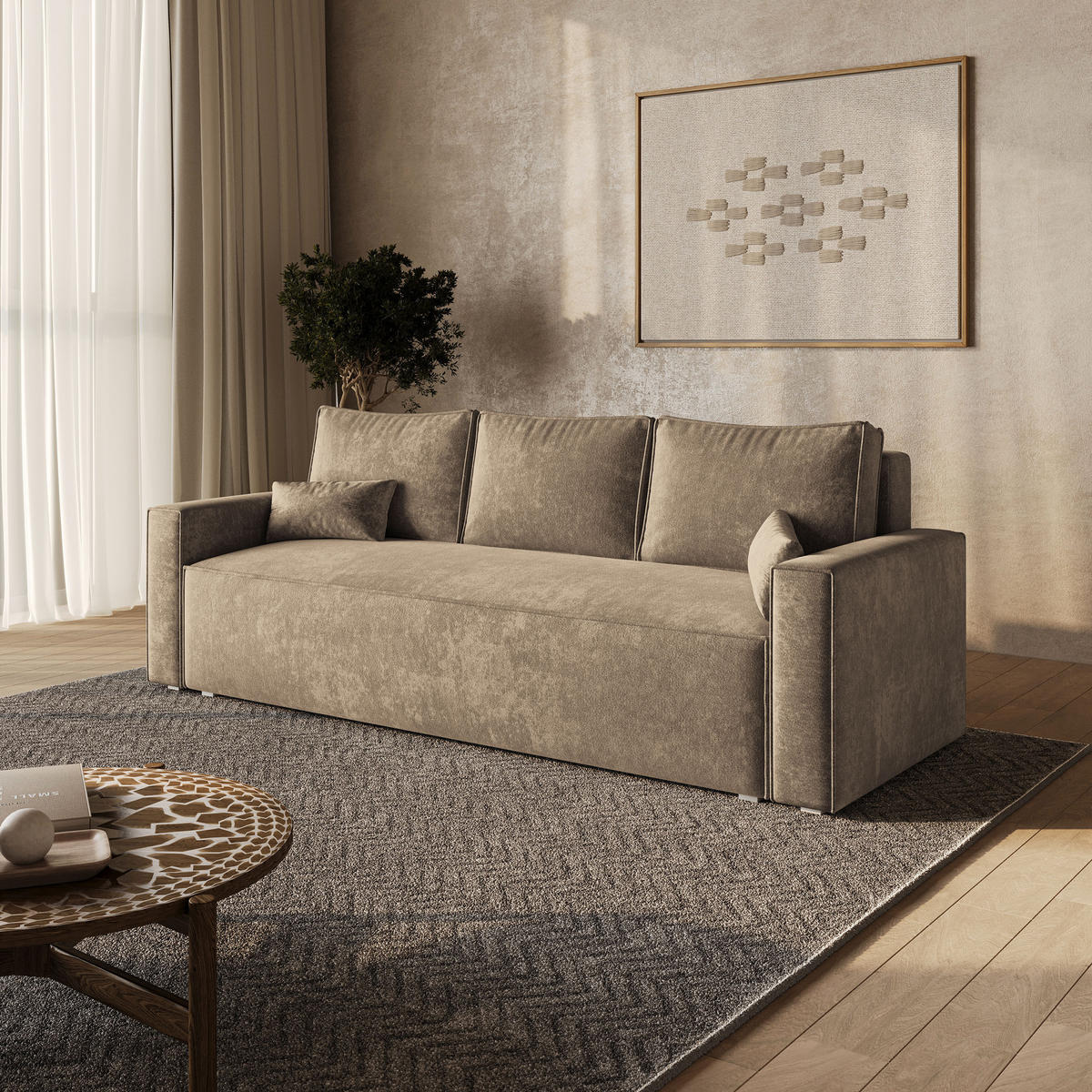 BETTSOFA MENI LM Beige Chenille-Stoff mit Schlaffunktion - Beige, Textil (232/85/87cm) - MASSENO