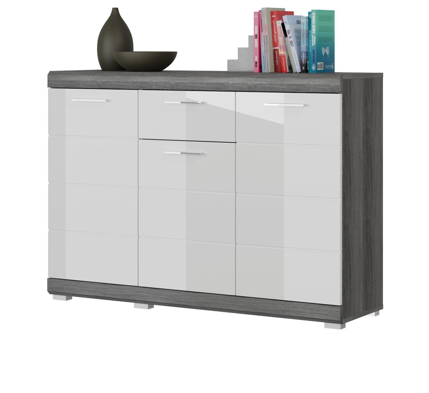 SIDEBOARD weiß Hochglanz, Rauchsilber grau 120 cm, Kommode mit 8 Fächern - Weiß Hochglanz/Silberfarben, Holzwerkstoff/Kunststoff (120/85/37cm) - Inn.Furn