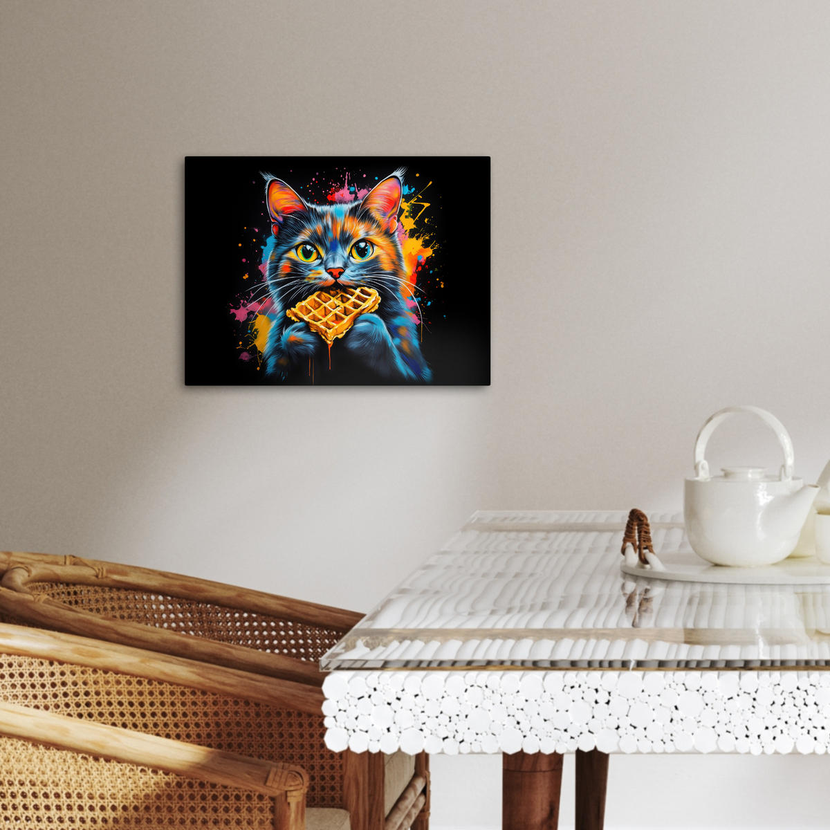 LEINWANDBILD Katze - Graffiti - Bunt - Waffel - Essen 40x30 cm - Türkis, Textil (40/30cm) - MuchoWow