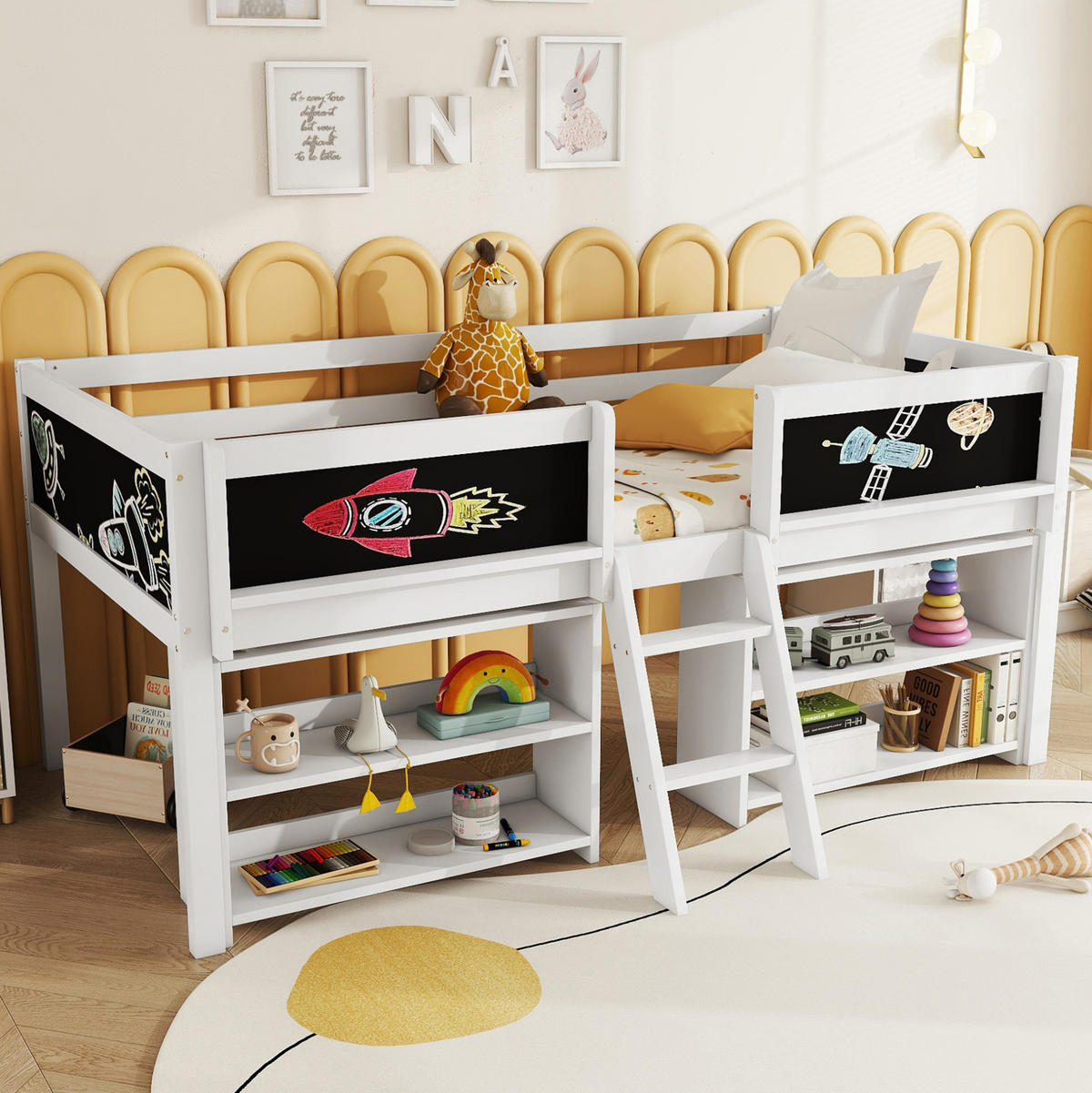 HALBHOHES BETT 90/200 cm, Weiß mit Stauraum, Leiter, ohne Matratze - Weiß, Holz (90/200cm) - MIVRAY