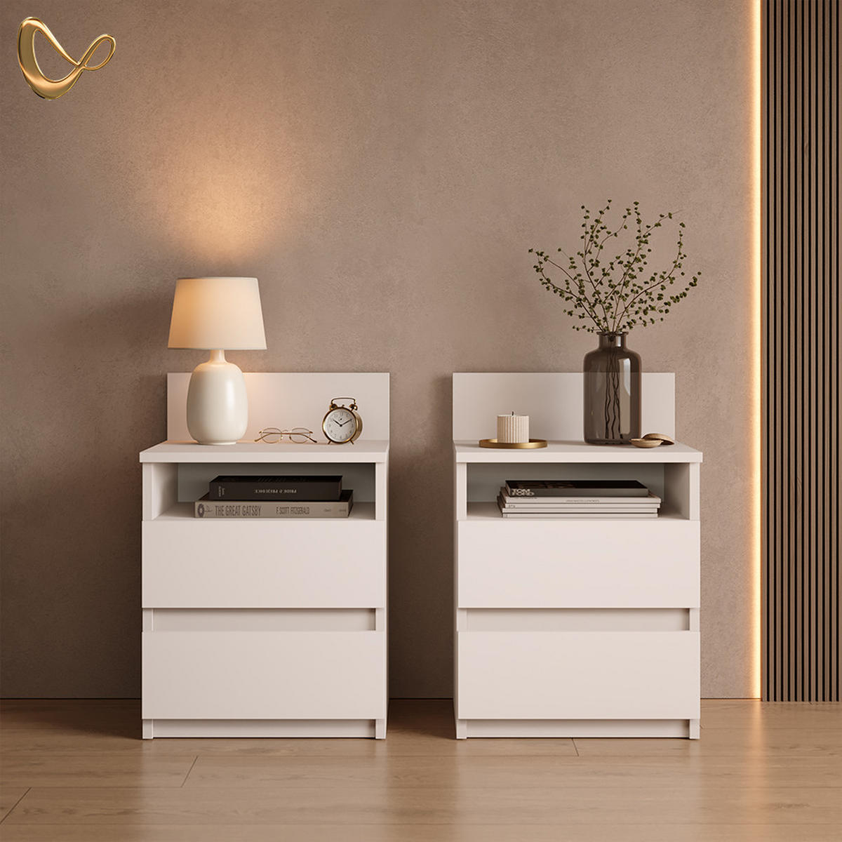 NACHTTISCH Roya, Weiß, 2-teilig - Weiß, Holzwerkstoff (39.6/59.1/32.3cm) - Livinity®