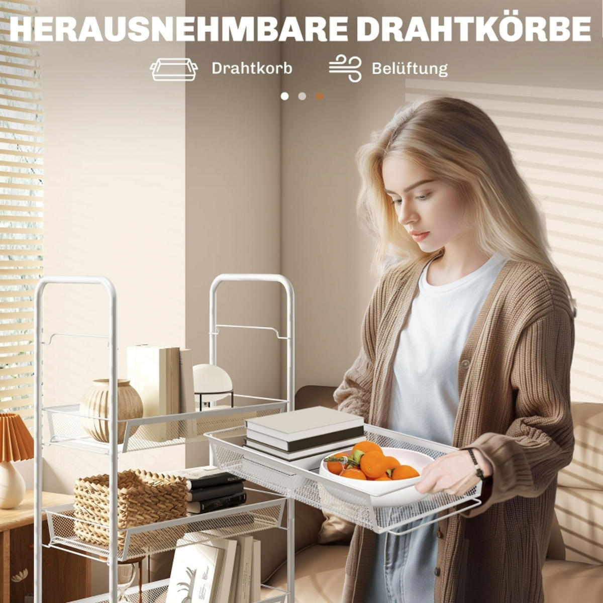 KÜCHENWAGEN MIT 5 DRAHTKÖRBEN, Stahl, Weiß, Für Küche Und Bad, 45/106/26,5 cm - Weiß, Holzwerkstoff (26.5/106/45cm) - Rolipo