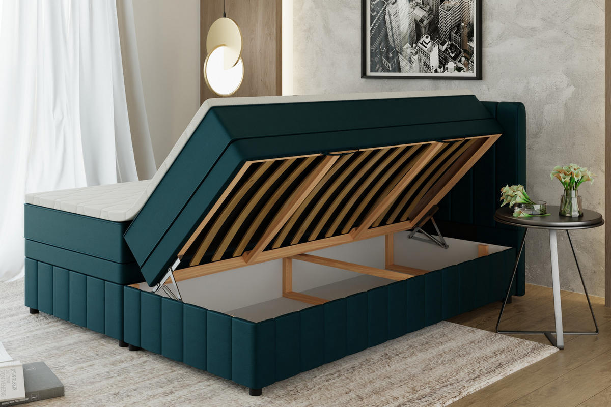 BOXBETT AVALON 180 x 200 cm mit Bettkasten und Topper - Türkis - Türkis, Holz - Panda Möbel