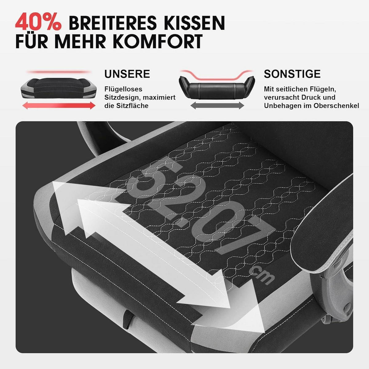 GAMING Stuhl Stoff mit Massagefunktion und Fußstütze Grau - Grau, Textil (81.5/28.5/56cm)