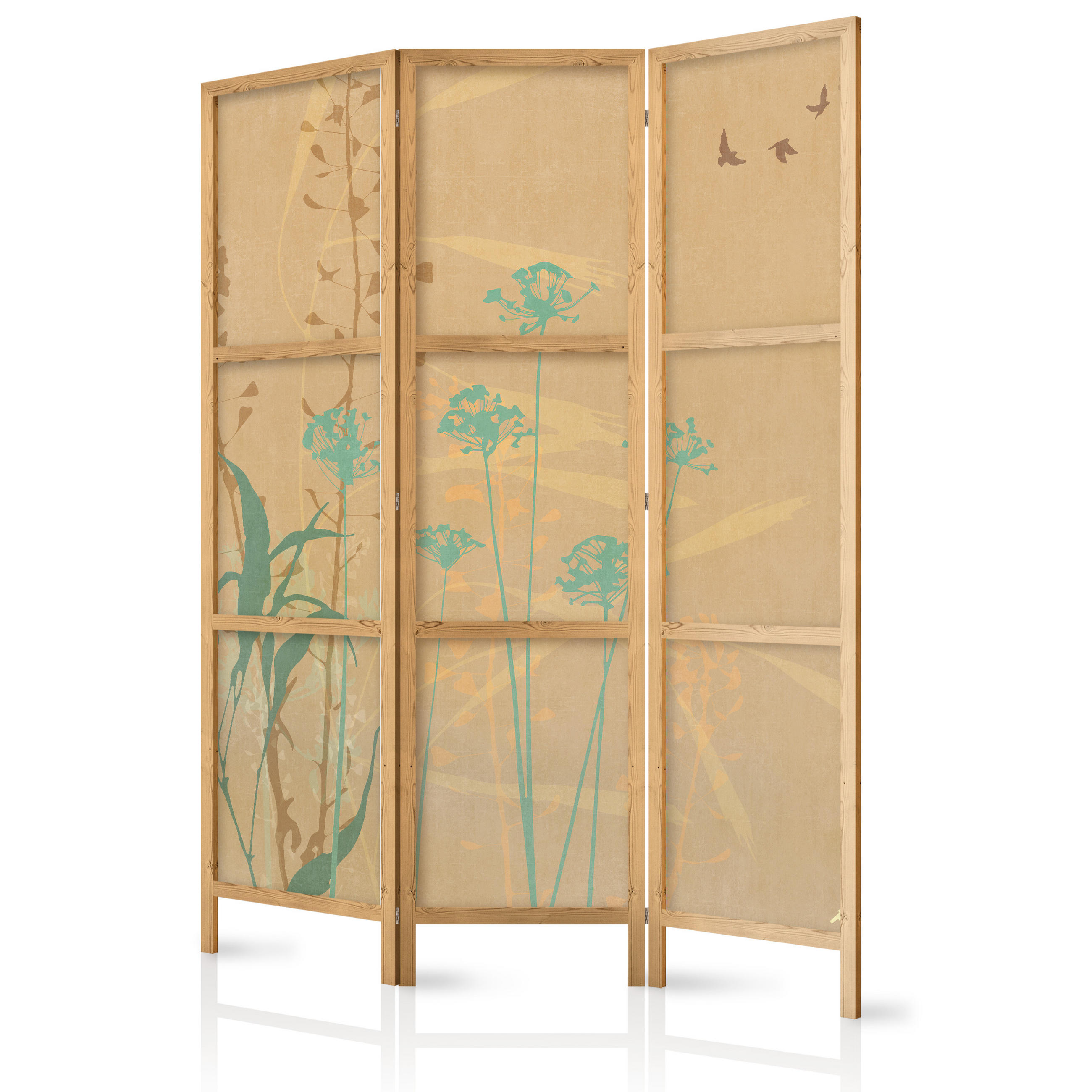PARAVENT Japanischer 3-tlg 135x172 cm Boho Pflanzen - Beige, Holz/Textil (135/172/3cm) - Muralo