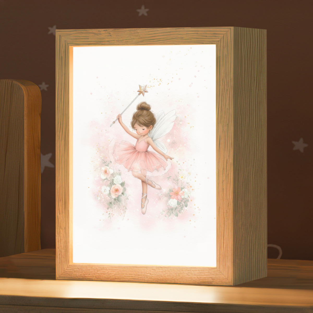 NACHTTISCHLAMPE Ballerina - Fee - Blumen - Rosa 15x20 cm - Rosa, Holzwerkstoff (8/15/20cm)