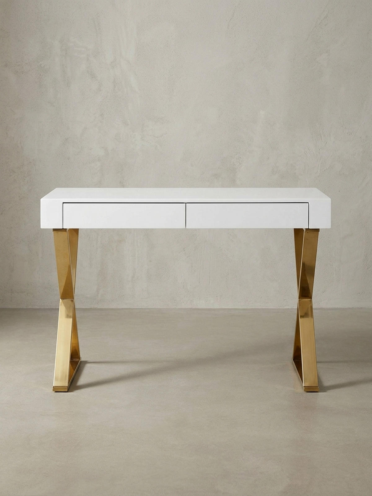 SCHREIBTISCH – Weiß Hochglanz, goldene Beine, 2 Schubladen, modern - Goldfarben/Weiß, Holz/Metall (57/118/76cm) - KADIMA DESIGN