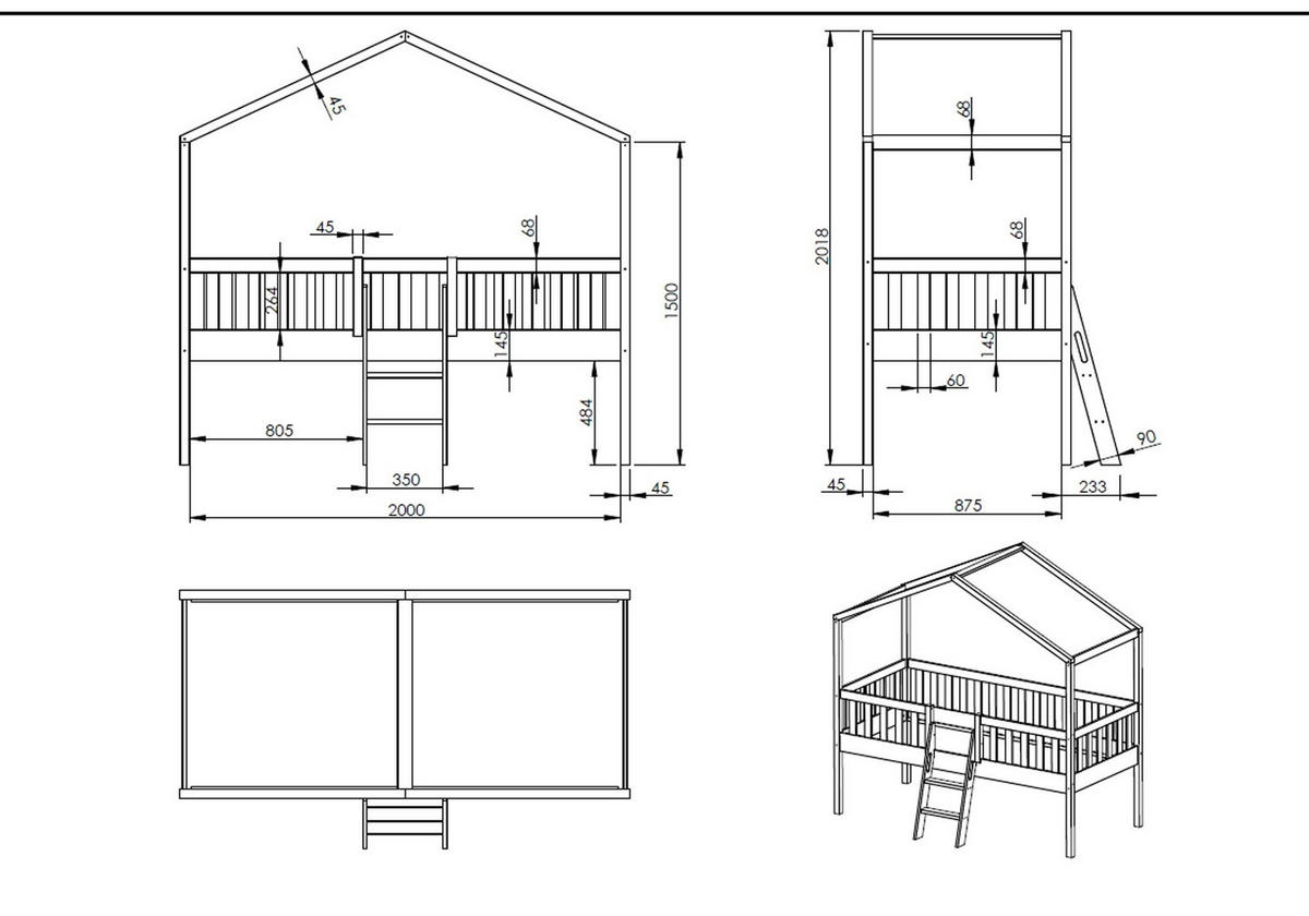 HAUSBETT mit Leiter Kapua 209x202x120 aus Massivholz in Weiß - Weiß, Holz (90/200cm) - 58aufmkessel