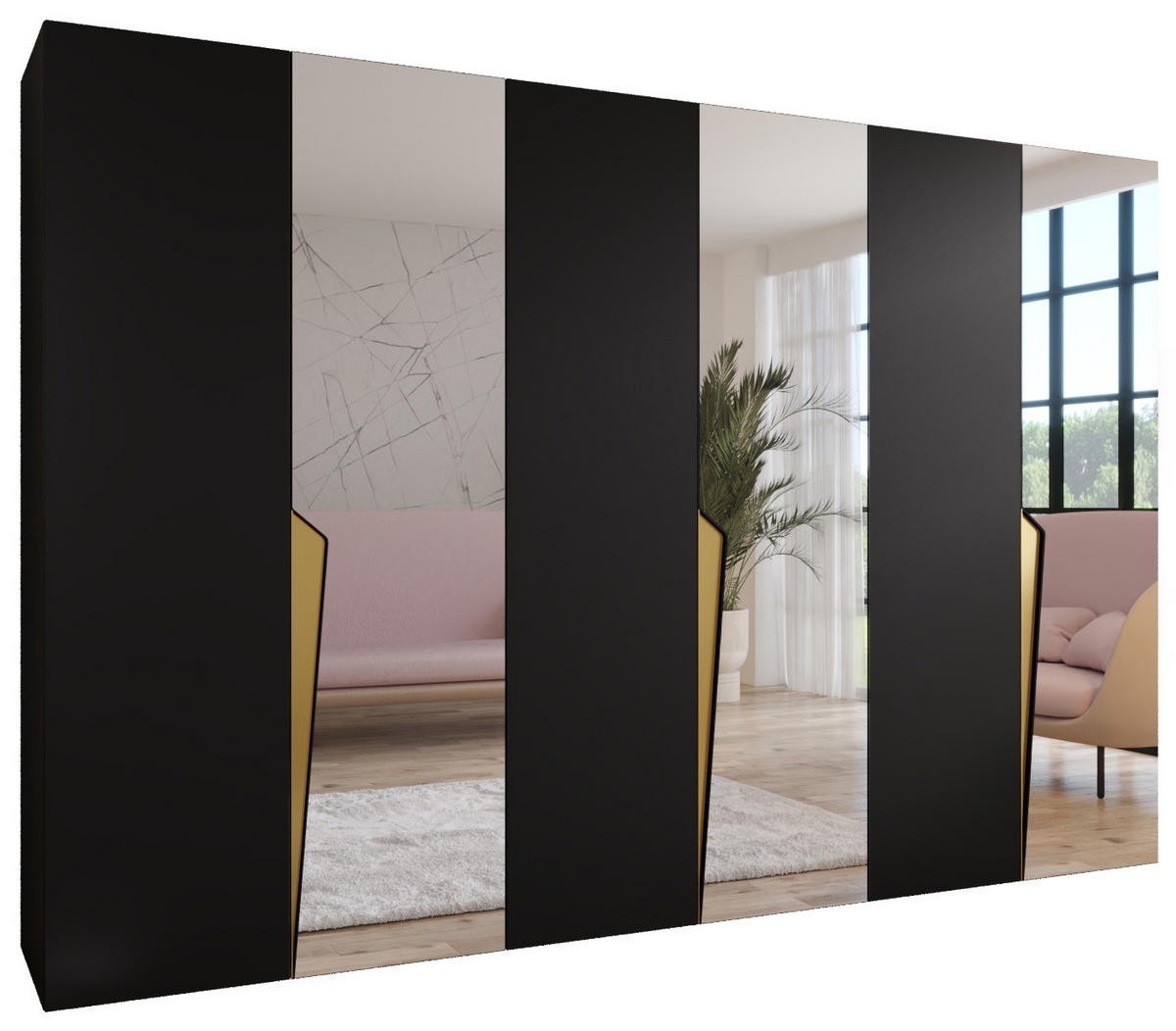 DREHTÜRENSCHRANK 202/300/52 6-türig - Goldfarben/Schwarz, Holz/Metall (300/202/52cm) - Abiks Möbel