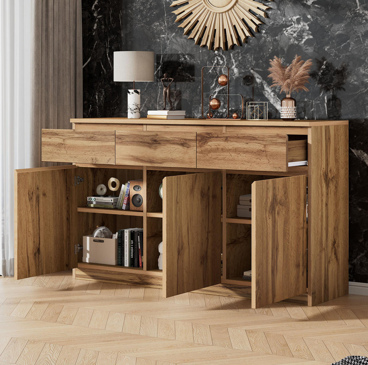 SIDEBOARD 135/40/81 cm mit 3 Türen, 3 Schubladen und verstellbaren Einlegeböden aus Spanplatte, Naturholzfarben - Naturfarben, Holzwerkstoff (135/81/40cm) - Redom