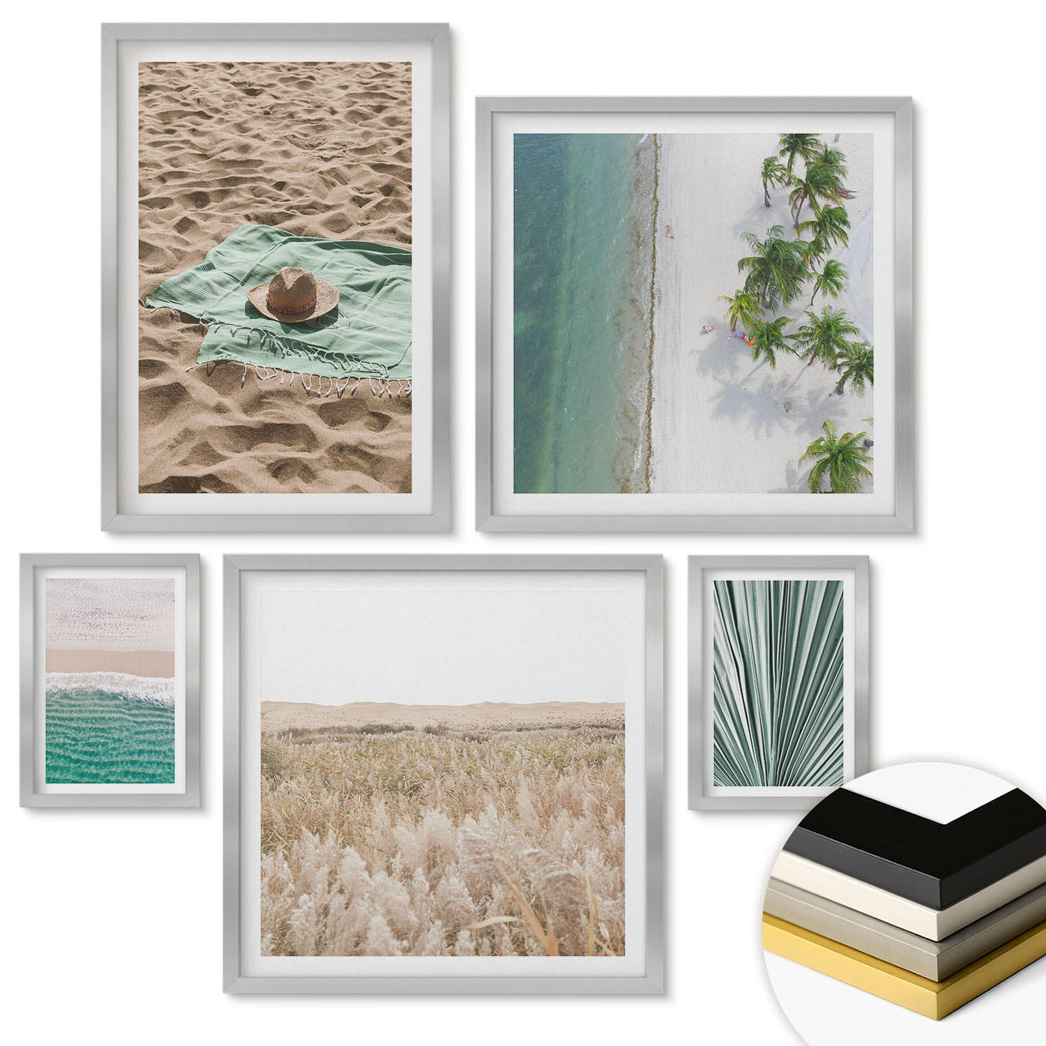 WANDBILDER 5er Set - 50x50 cm & 20x30 cm & 40x60 cm Silberner Rahmen - Urlaubsblick Strand Meer - Silberfarben, Kunststoff (40/60cm) - ArtPrintCave