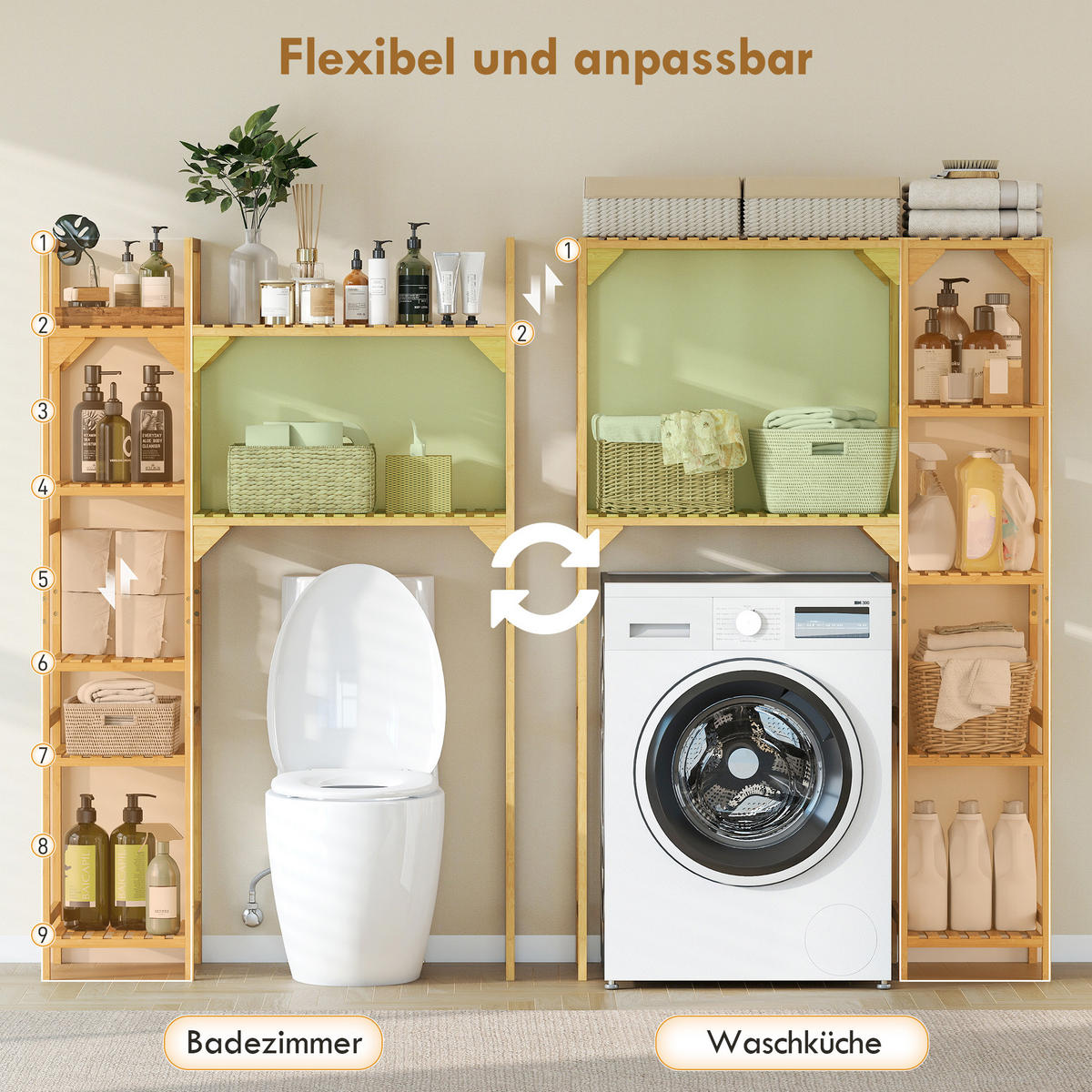 WASCHMASCHINENREGAL DE-10497 7 Ablagen, verstellbar Bambus - Naturfarben, Naturmaterialien (40/157/100cm) - ComfortXL