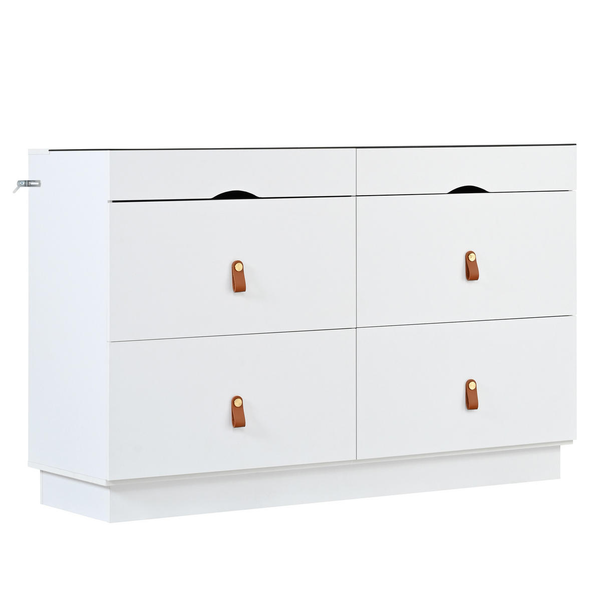 KOMODA z MDF a skla 120x40x78 cm biela so 6 zásuvkami, sklenenou doskou a členitým úložným priestorom - biela, sklo (120/78/40cm) - Modfu