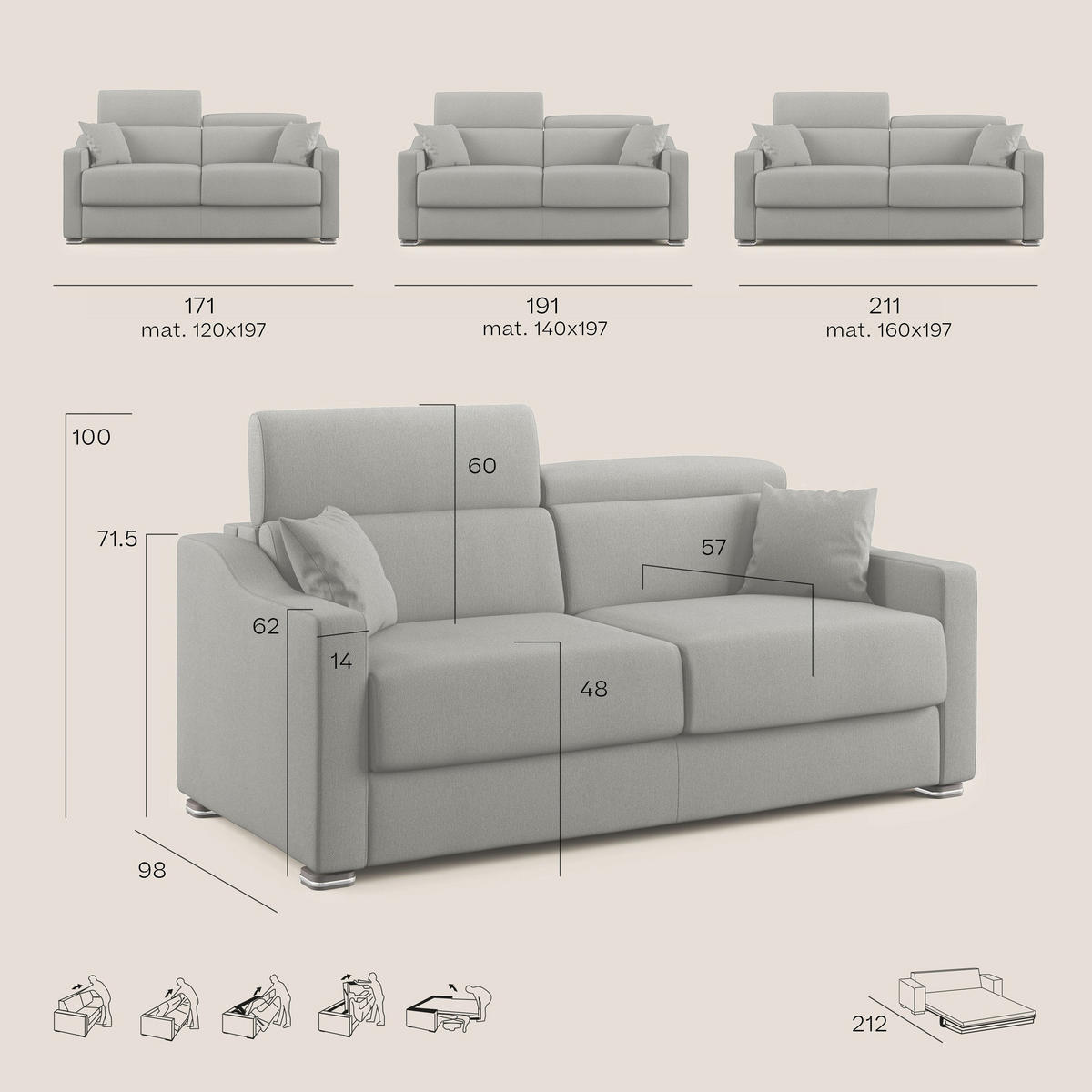 SCHLAFSOFA Amber - Creme, Textil (171/100/98cm) - Divani.store