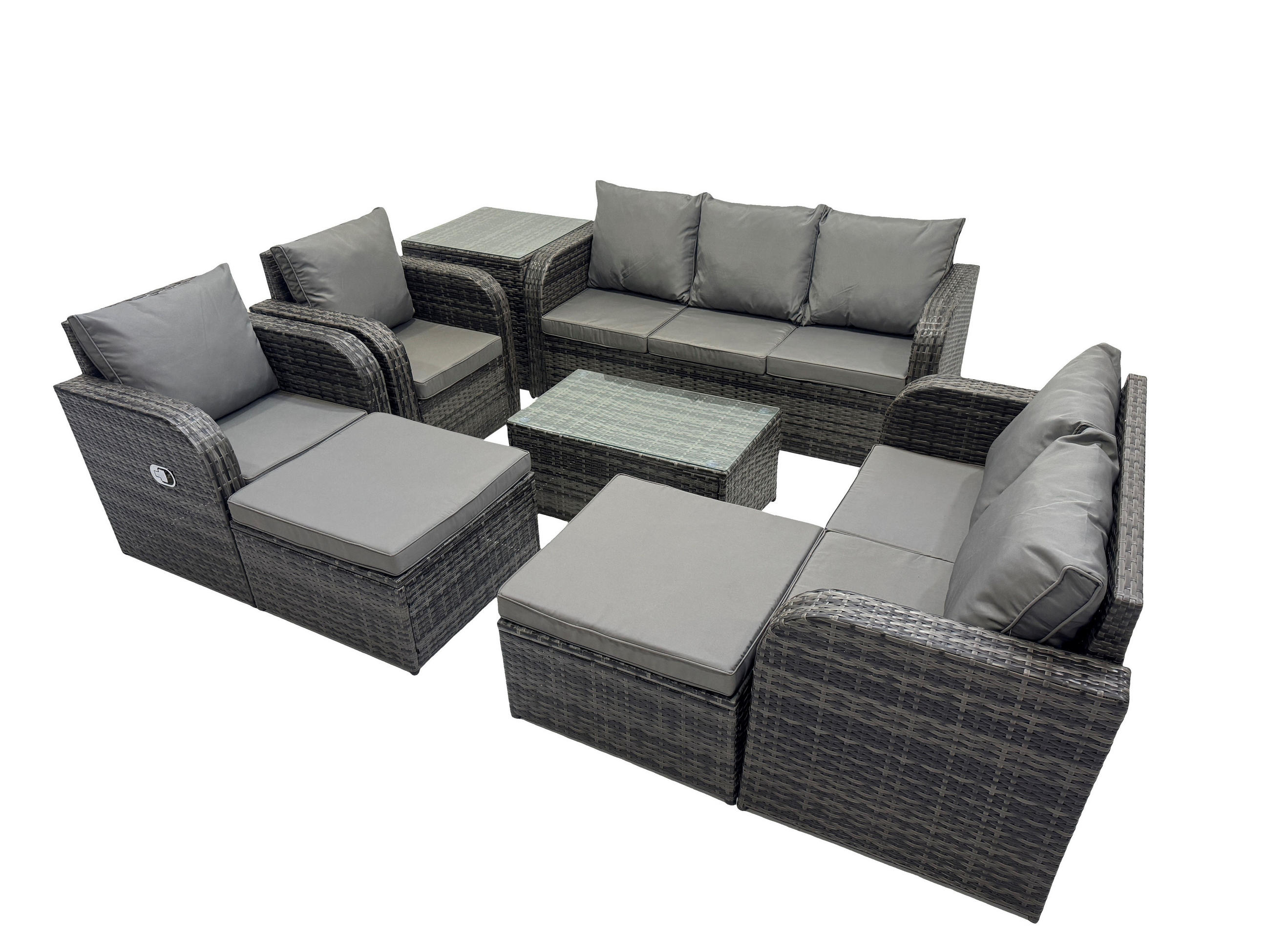 GARTENMÖBELSET mit Couchtisch Polyrattan 9-Sitzer - Dunkelgrau/Grau, Glas/Kunststoff - Fimous