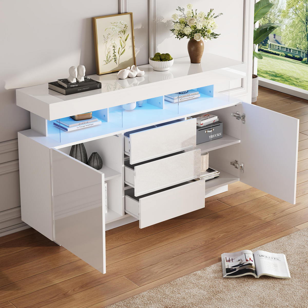 SIDEBOARD 140/35/80 cm z dřevotřísky bílá, s LED osvětlením a 3 zásuvkami - bílá, kompozitní dřevo (140/80/35cm) - Modenvie