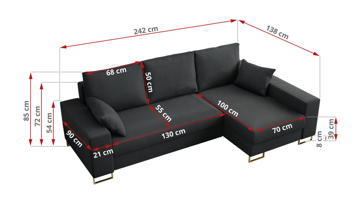 ECKSOFA Dorian Velvet Dunkelgrau - Dunkelgrau/Goldfarben, Textil/Metall (242/138cm) - MKS