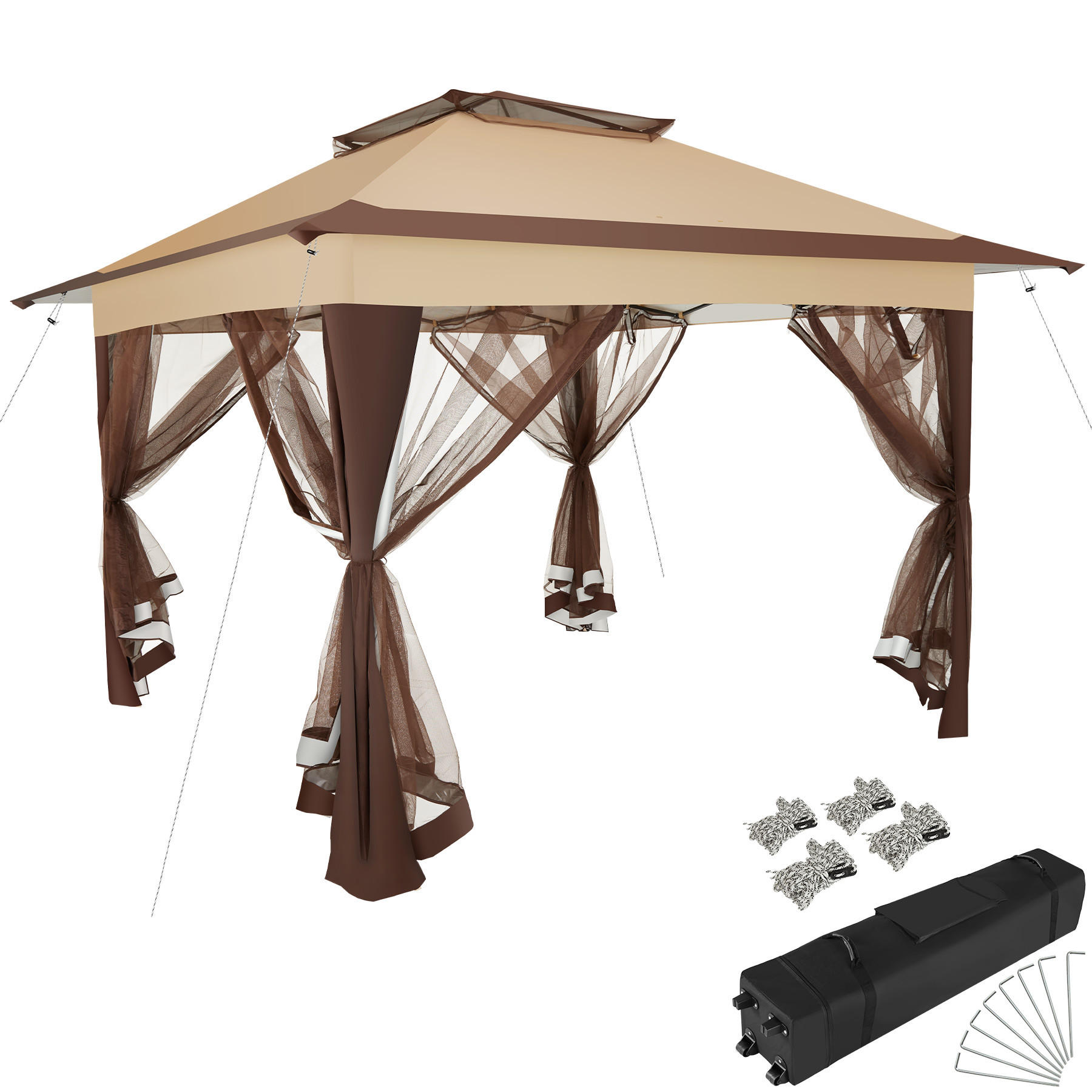 FALTPAVILLON Carabobo,inklusive Spannseile, Heringe sowie Transporttasche,braun - Braun, Kunststoff (364/294/364cm) - tectake