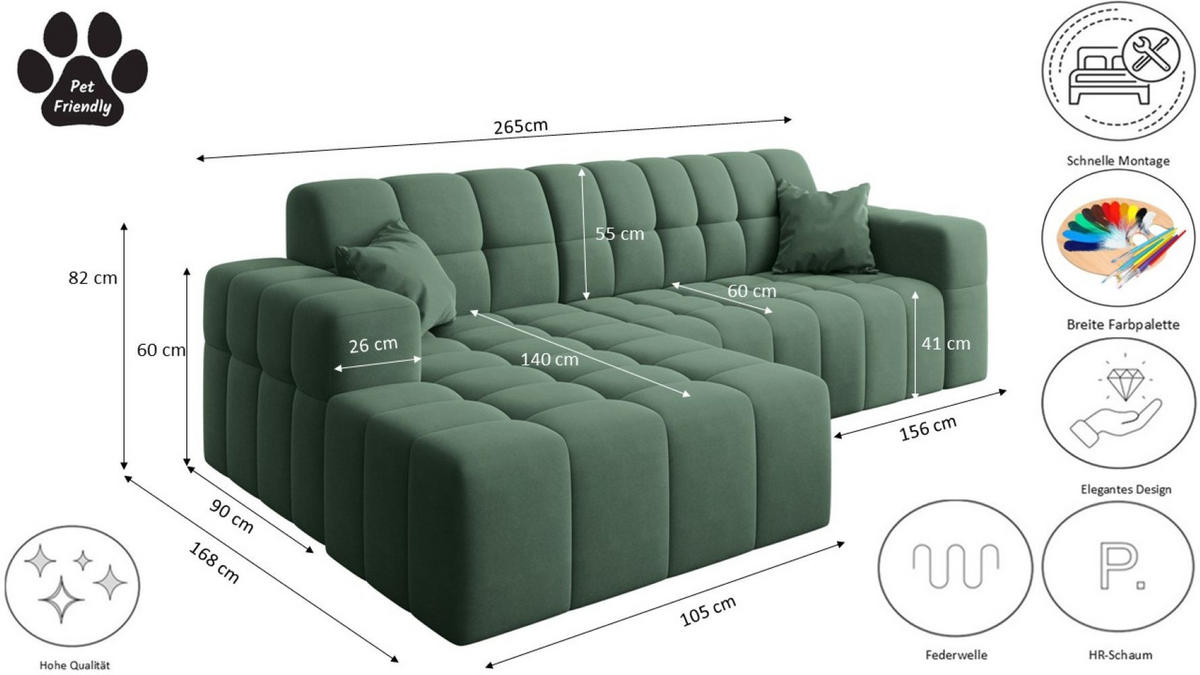 ECKSOFA L-förmiges Nimes Velours Stoff Grün Rechts - Grün, Holz/Kunststoff (265/168cm) - Kaiser Möbel