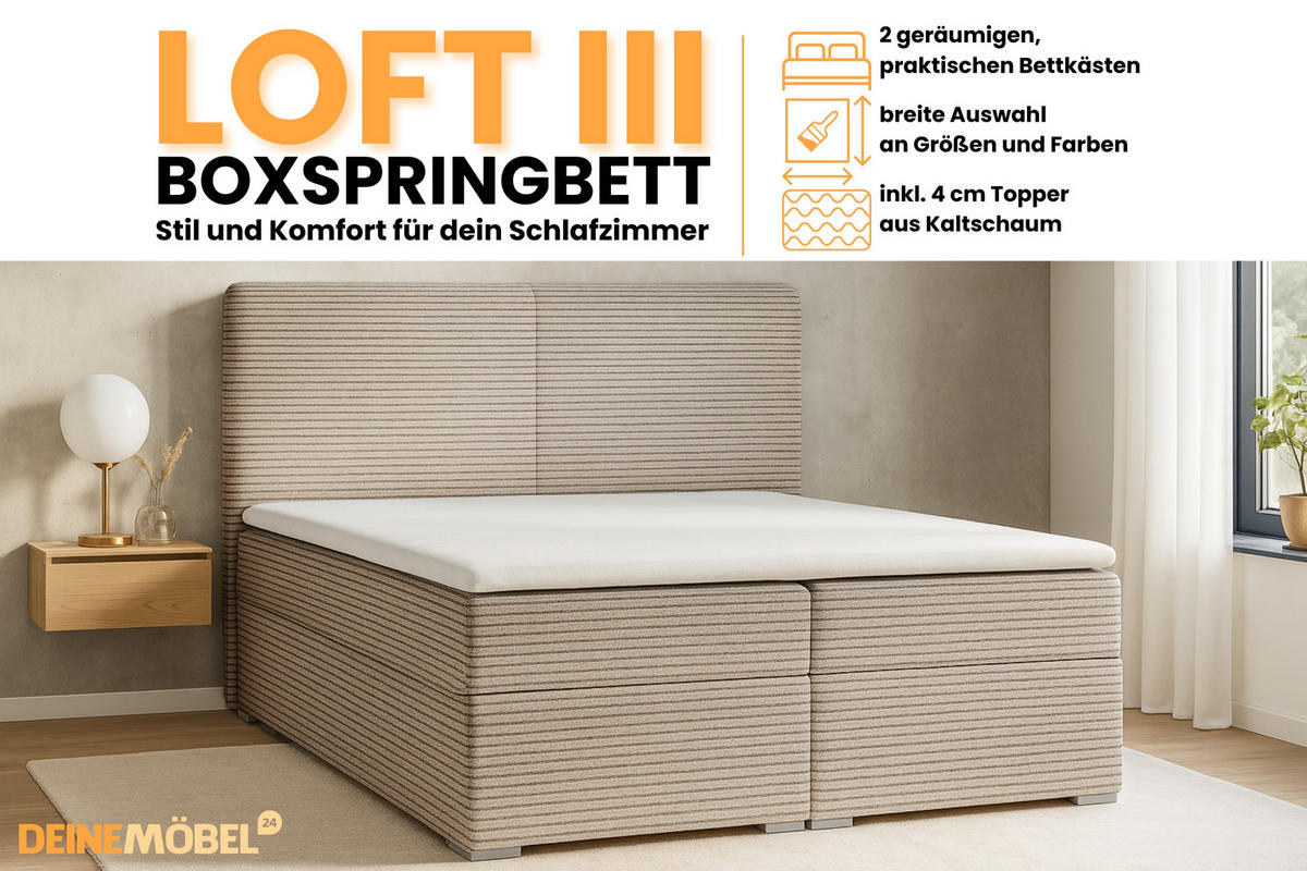BOXBETT LOFT III 160/200 Cord Beige mit Bonell-Federkernmatratzen H3 - Beige, Holz/Holzwerkstoff (160/200cm) - Deine Möbel 24