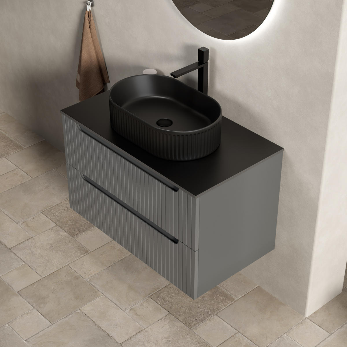 WASCHTISCHUNTERSCHRANK 80x46x62.2cm Schwarz/Dunkelgrau mit ovalem Keramikbecken & 2 Schubladen - Dunkelgrau, Keramik (80/62.2/46cm) - Modfu