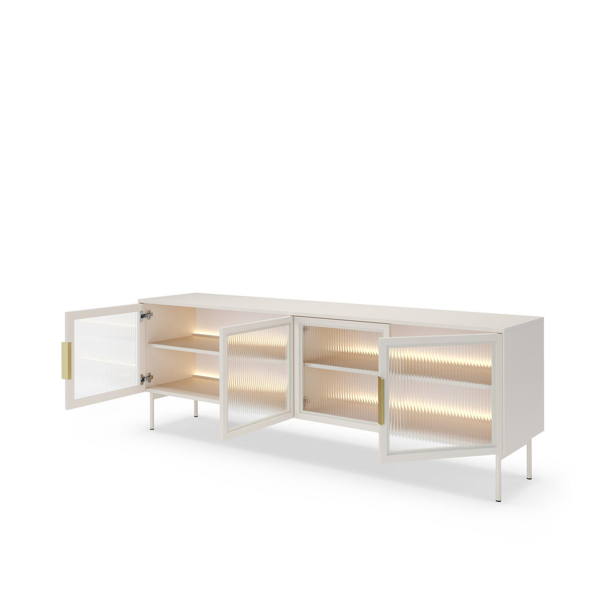 TV-LOWBOARD LUMI 181 cm Kaschmir - mit 4 Glastüren (Riffelglas) und LED - Kaschmir/Goldfarben, Holz/Holzwerkstoff (181/62/39cm) - Ravio