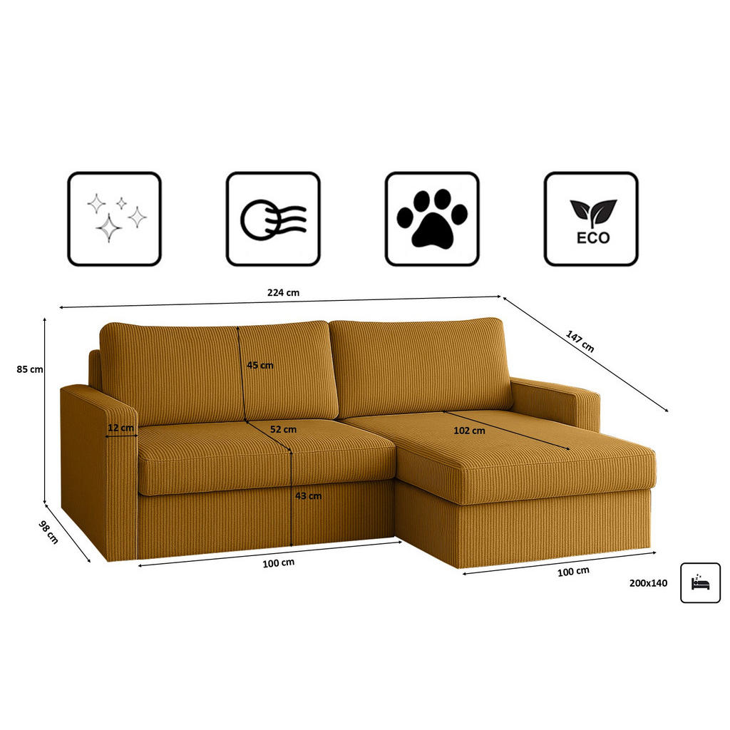 Thumbnail - Kaiser Möbel Ecksofa, Gelb, Textil, 3-Sitzer, Füllung: Komfortschaum, L-Form, 224x147 cm, Wohnzimmer, Sofas & Couches, W...