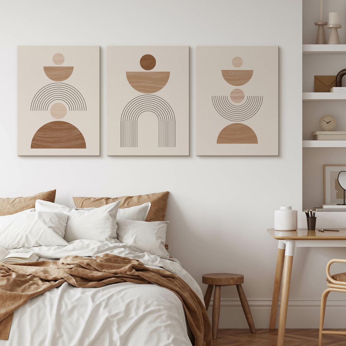LEINWANDBILDER 3-er Set Geo-Muster Boho - Beige/Weiß, Textil (90/40cm) - Muralo