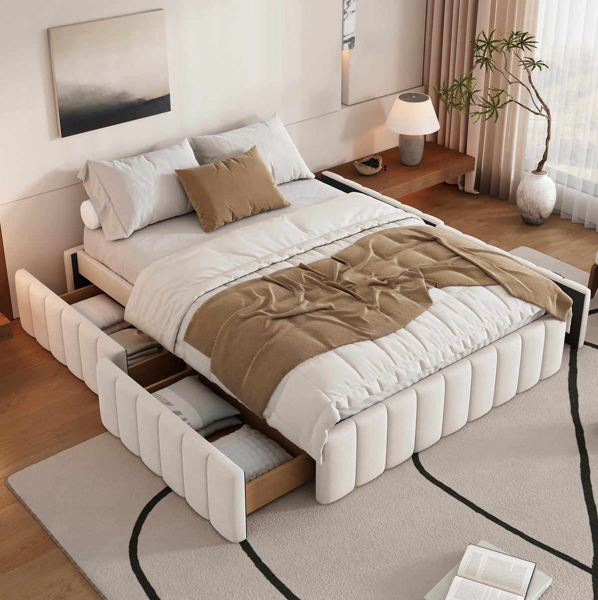 POLSTERBETT 140/200 cm mit Lattenrost und 4 Schubladen aus Samt, Beige - Beige, Textil (140/200cm) - Redom