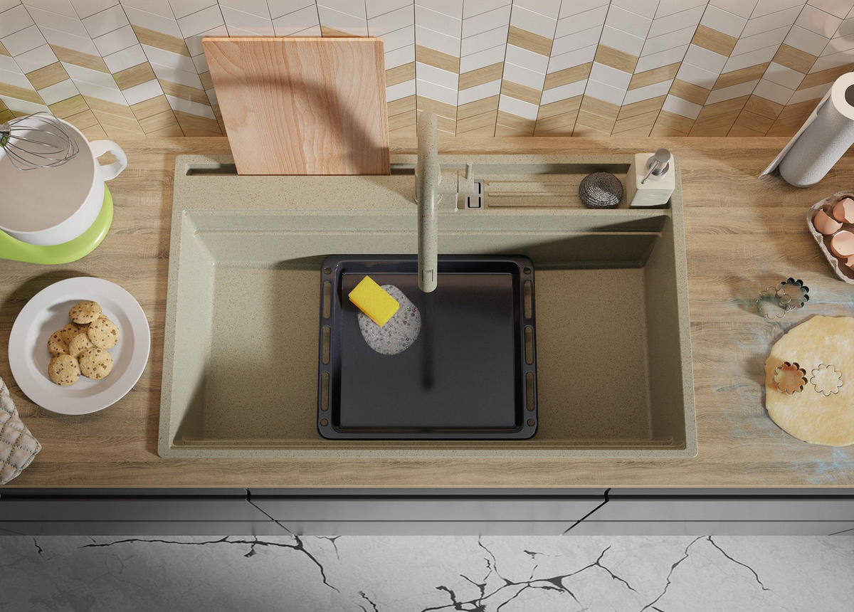 GRANITSPÜLE Oslo Pocket, 2-er set Beige 88/53 cm 1 Becken + Küchenarmatur 40/20 cm + Ablauf-Set + Küchenzubehörset ab 90er Unterschrank - Chromfarben/Beige, Kunststoff (88/20/53cm) - Primagran