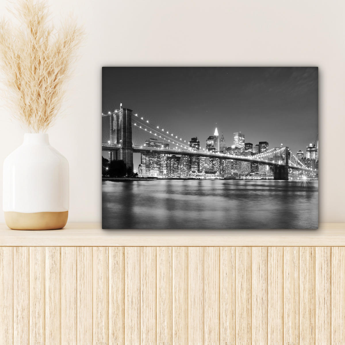 LEINWANDBILD - New York - Brücke - Brooklyn - Schwarz und weiß - Architektur - 40x30 - Wanddeko - Schwarz, Textil (40/30cm) - MuchoWow