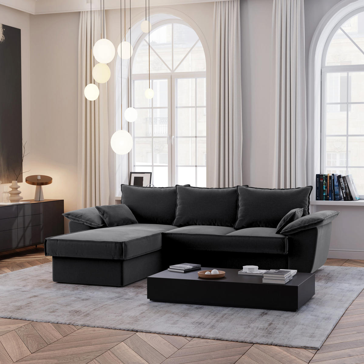 ECKSOFA LINKS Samtstoff Graphitgrau 257cm - Graphitfarben/Grau, Textil (168/257cm) - Sia Home