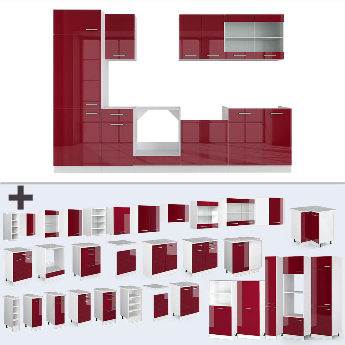 KÜCHENZEILE R-Line Rot Hochglanz/Weiß 300 cm , AP Marmor - Rot/Weiß, Holzwerkstoff (300/81.6/60cm) - Vicco