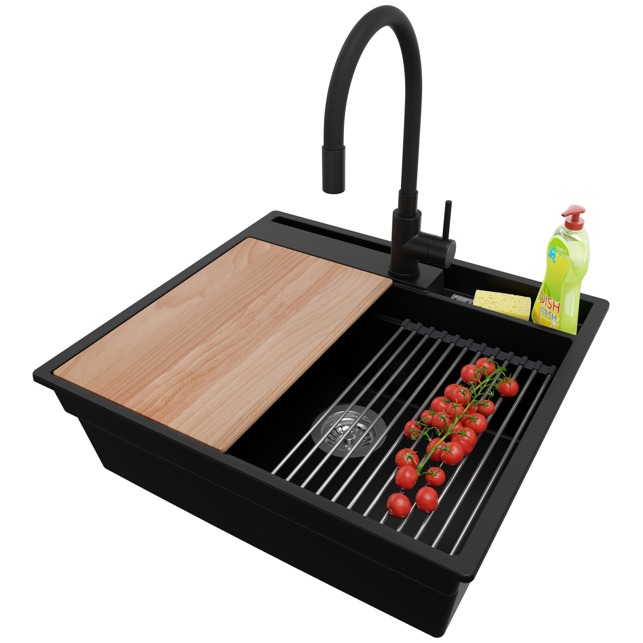 GRANITSPÜLE Oslo Pocket, 2-er set Schwarz 58/53 cm 1 Becken + Küchenarmatur 40/38 cm + Ablauf-Set + Küchenzubehörset ab 60er Unterschrank - Chromfarben/Beige, Kunststoff (58/20/53cm) - Primagran