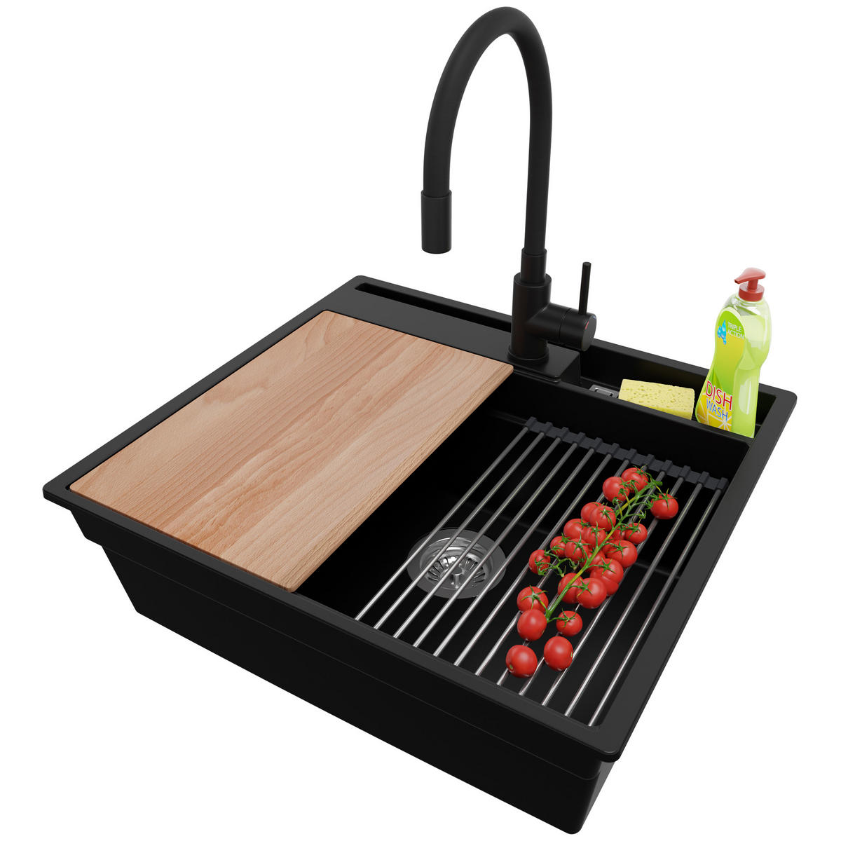 GRANITSPÜLE Oslo Pocket, 2-er set Schwarz 58/53 cm 1 Becken + Küchenarmatur 40/38 cm + Ablauf-Set + Küchenzubehörset ab 60er Unterschrank - Chromfarben/Beige, Kunststoff (58/20/53cm) - Primagran