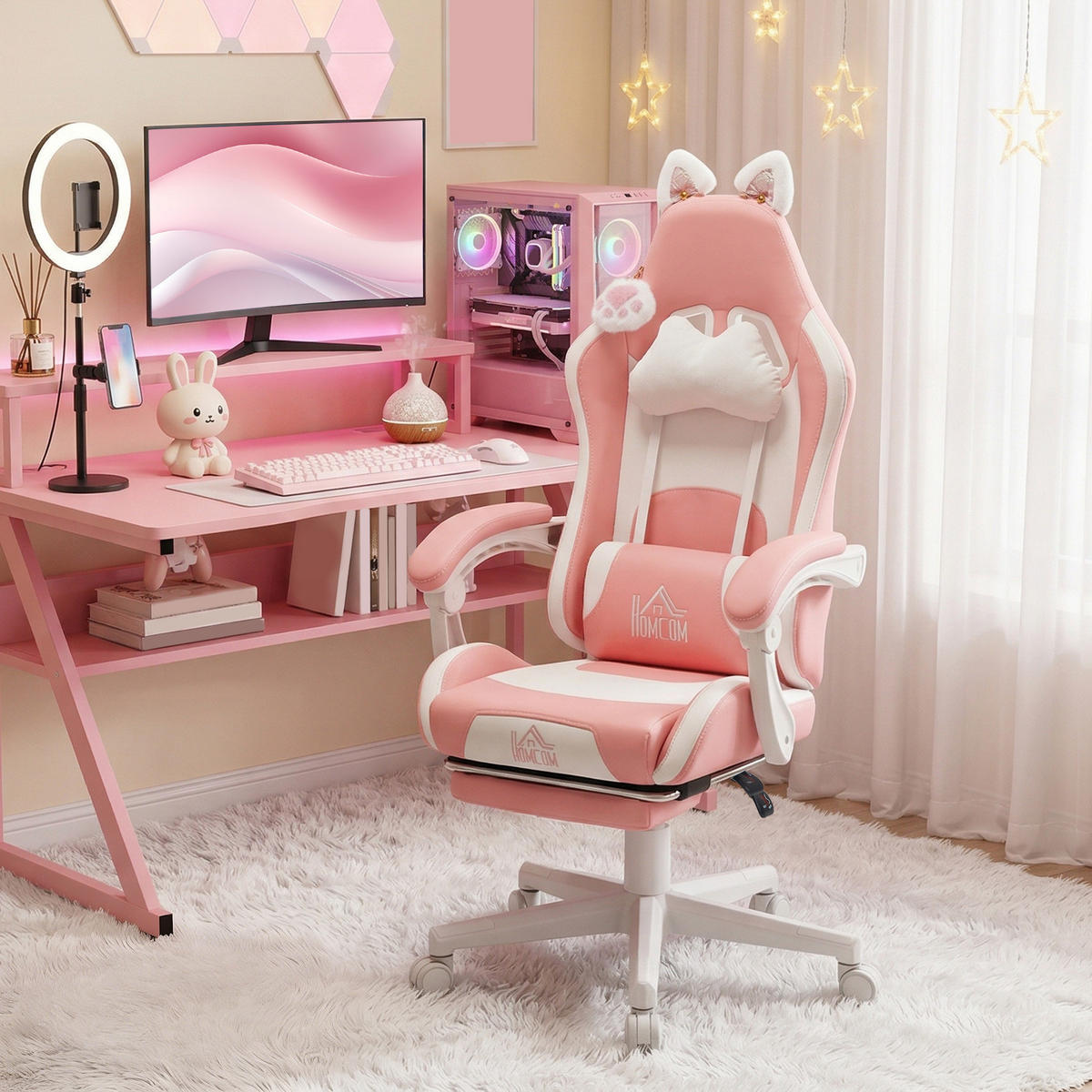 GAMING-SESSEL mit Katzenohren, neigbare Lehne, ausziehbare Fußstütze, bis 120 kg, Rosa/Weiß - Rosa, Leder (62/124/65cm)
