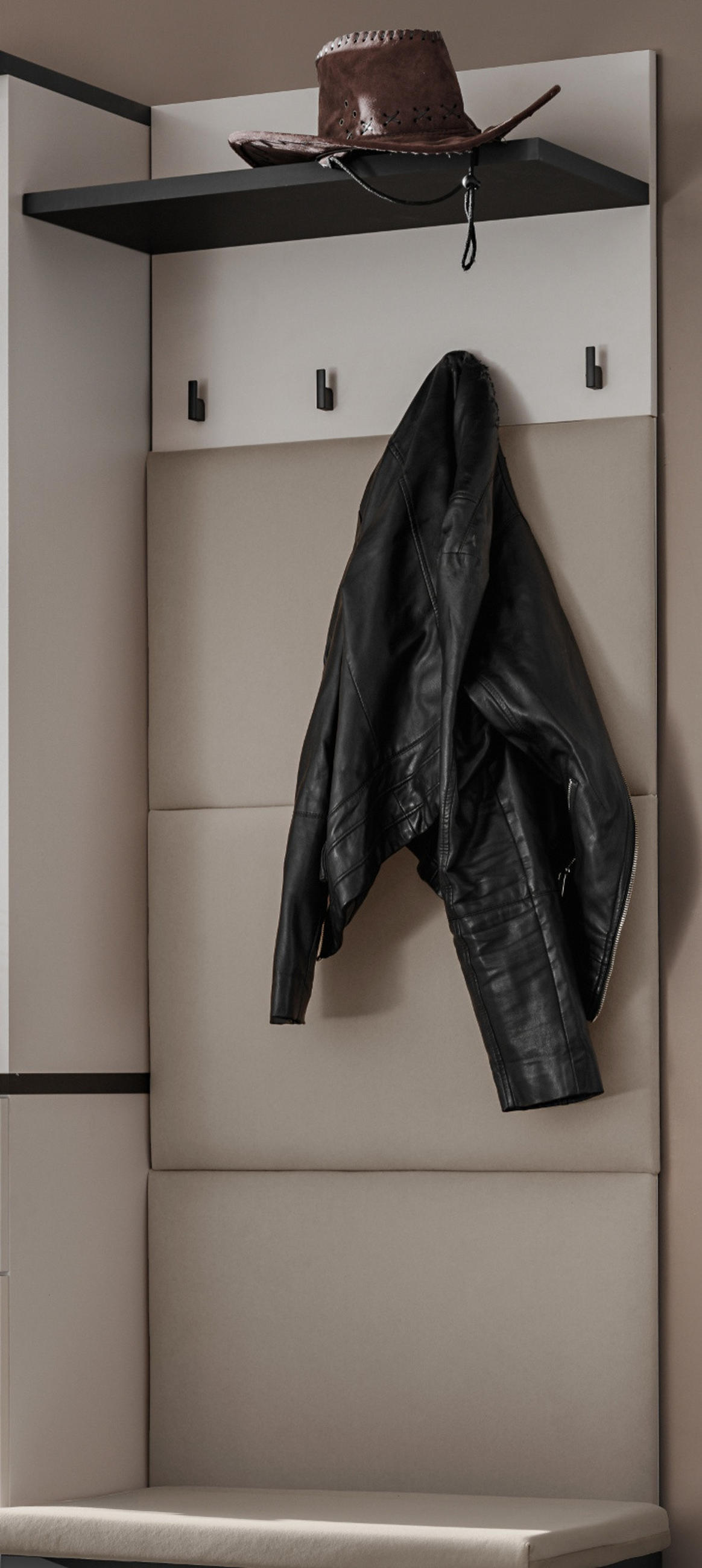 GARDEROBENPANEEL Kaschmir, schwarz 60 x 157 cm, Wandgarderobe mit Wandpolster - Kaschmir/Schwarz, Holzwerkstoff/Metall (60/157/28cm) - Inn.Furn